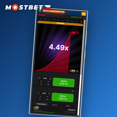 Hra Aviator v Mostbet app — letící letadélko s rostoucím multiplikátorem na obrazovce