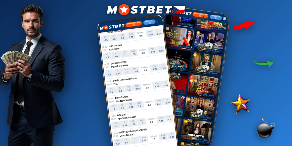 Rozhraní aplikace Mostbet live sázení a výherní automat na dvou chytrých telefonech